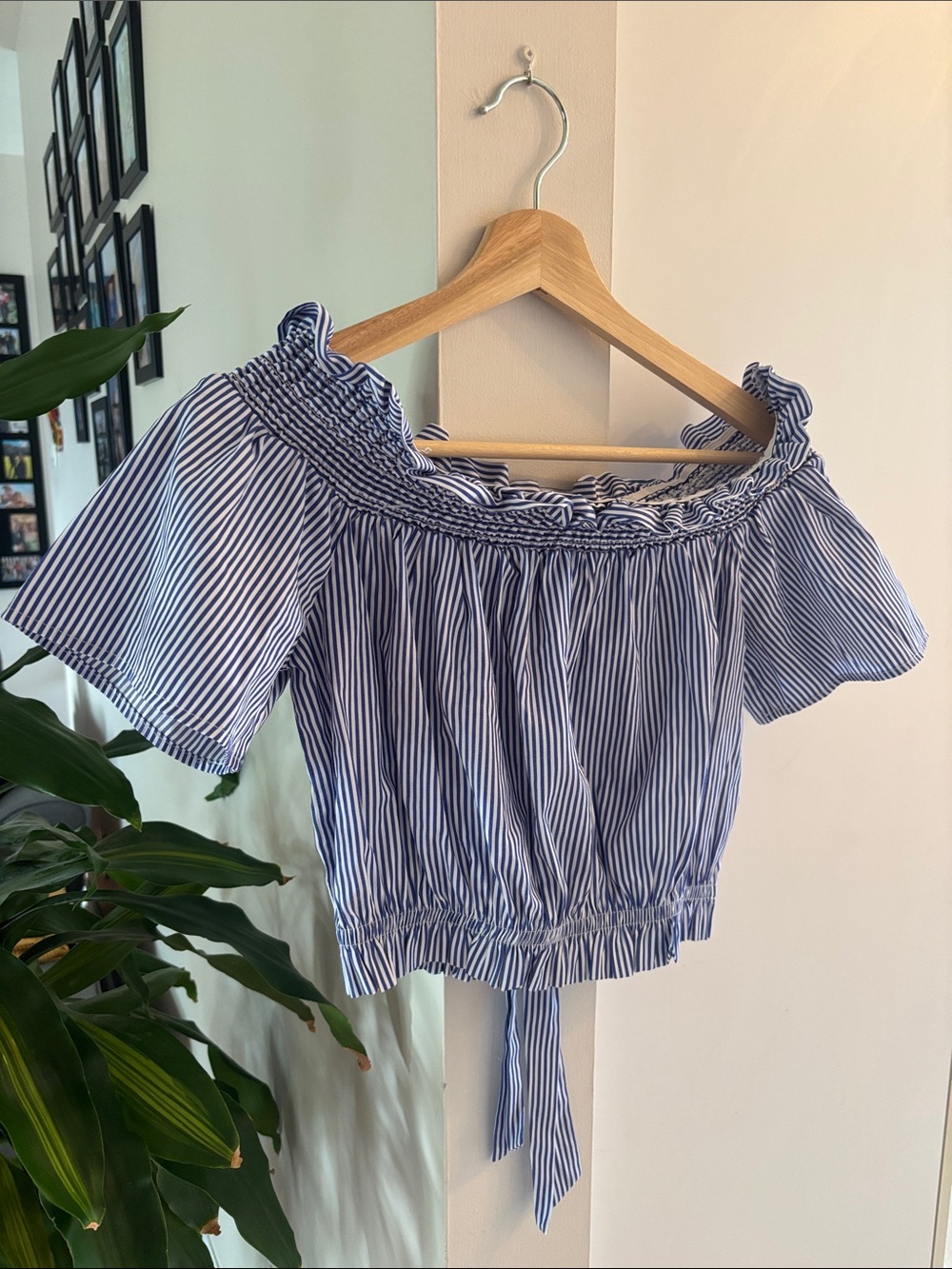 Blue and White Striped Off-Shoulder Crop Top